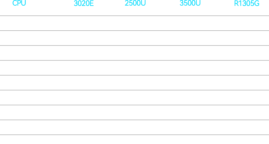 AMD® Ryzen™ Mobile CPUs：3020E, 2500U, 3500U, R1305G